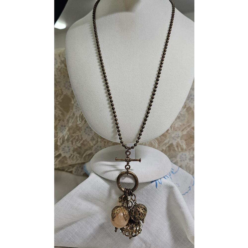 Vintage Brass Ball Chain Necklace Toggle Clasp and Multi-Charm Cluster Pendant